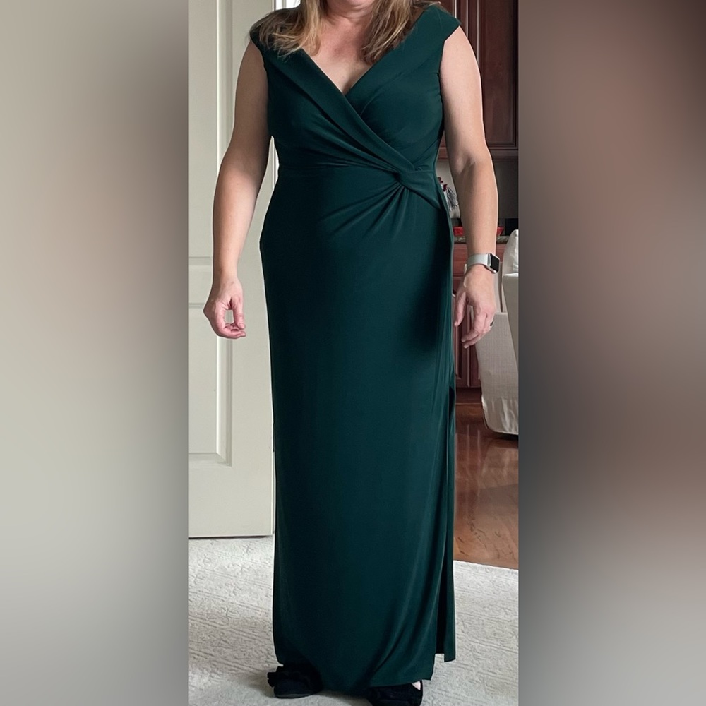 Ralph Lauren stretch knit surplice V-neck cap sleeve sheath faux wrap gown.